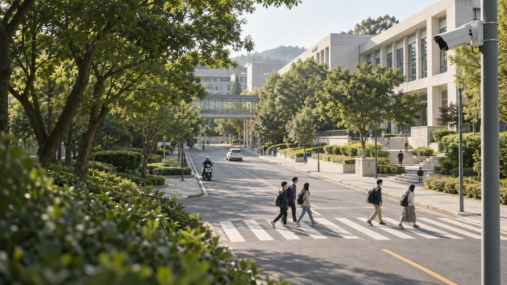 虛構校園的行人穿越道、車道與路口攝影機情境示意