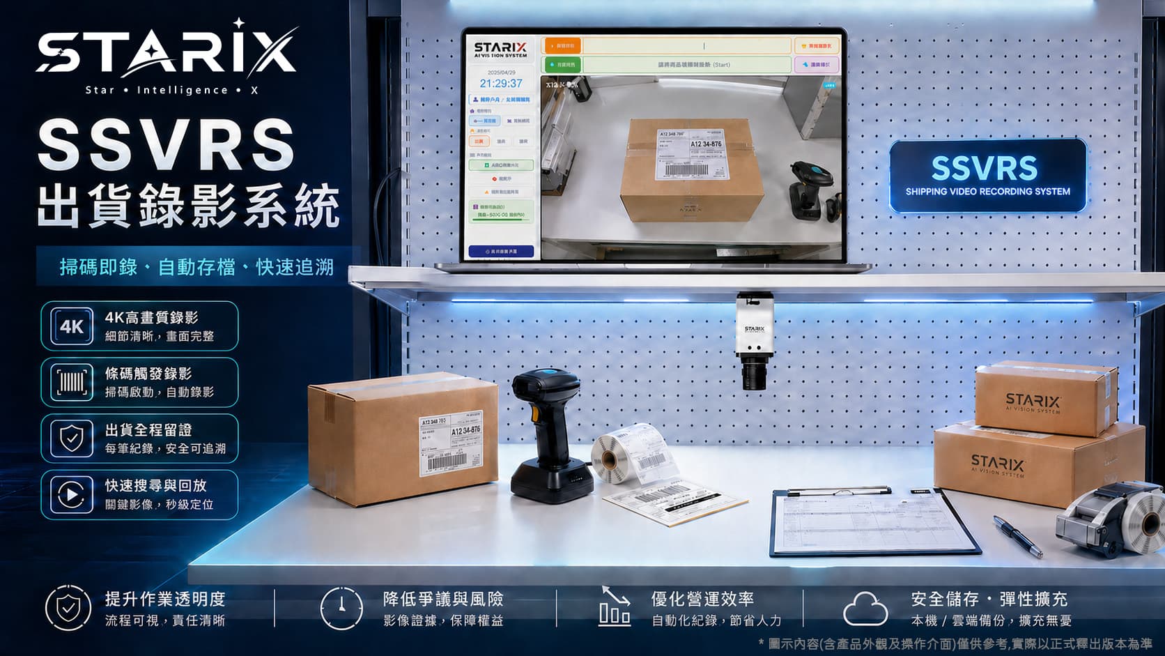 SSVRS 系統實機一覽:筆電操作介面、包裹、4K 攝影機與條碼掃描器整合配置